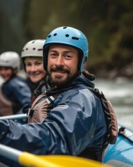  close-up, 3 people rafting, on a river, through a forest, dark blue suit, light blue helmet