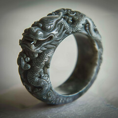 Chinese jade ring, Han period. Dark grey jade with blackish clouding. Decorated with dragons in...