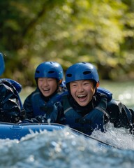  close-up, 3 people rafting, on a river, through a forest, dark blue suit, light blue helmet
