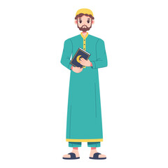 Vector Muslim Man Holding Quran book Cartoon Illustration Isolated