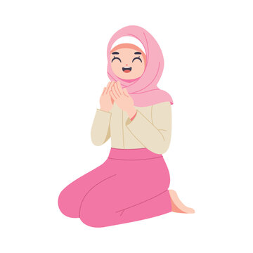 Vector Muslim Girl Praying Cartoon Ramadan Illustration Isolated