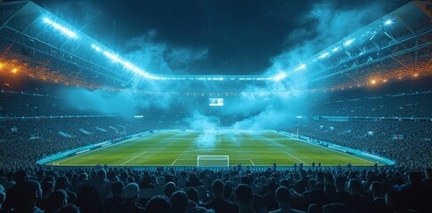 An exhilarating night view of a packed soccer stadium with fans cheering and smoke filling the air during a match - obrazy, fototapety, plakaty