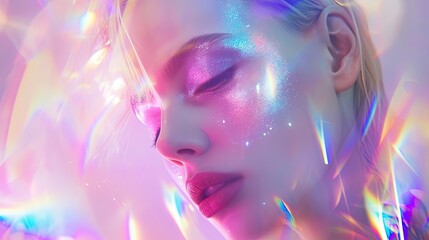 Beautiful woman pastel neon glow, iridescent glowing highlights and big shiny beautiful sparkles