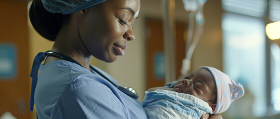 Heartwarming embrace of technology and caregiving as a nurse cradles a newborn baby.