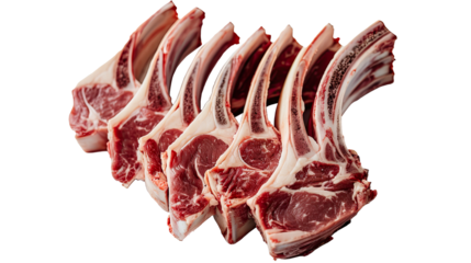 Raw Beef Short Ribs Isolated on White Background, A pile of uncooked beef, or lamb short ribs with marbled fat, presented isolated on a clean white background.