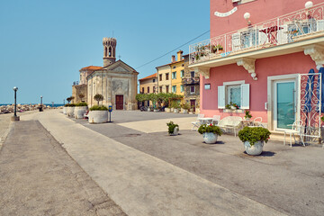 Preseren Quay, Piran city, Slovenia, peninsula, lighthouse