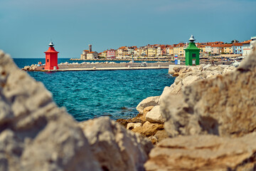Piran city, harbor, Slovenia, peninsula, lighthouse