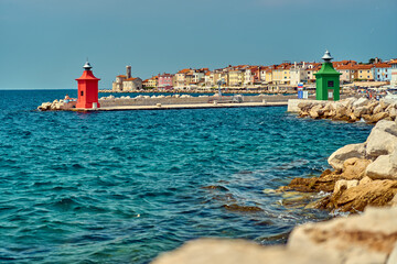 Piran city, harbor, Slovenia, peninsula, lighthouse
