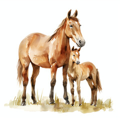 Watercolor cartoon illustration of a horse and her baby, isolated on a white background 