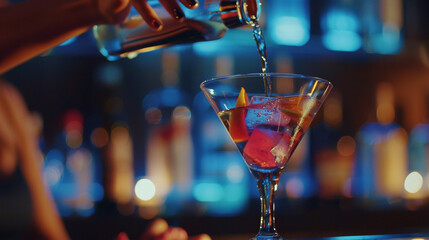 Close-up of a bartender's precision pour as they craft a vodka cosmopolitan, capturing the cocktail's vibrant colors and layered flavors in a martini glass. - obrazy, fototapety, plakaty