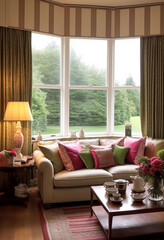 Obraz premium Sitting room decor, interior design and house improvement, living room with large window and pink home decor accents in English country house and elegant cottage style, generative ai