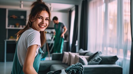 Fototapeta premium Beautiful, happy woman in cleaner's uniform tidying a modern apartment, with a blurred male cleaner in the background