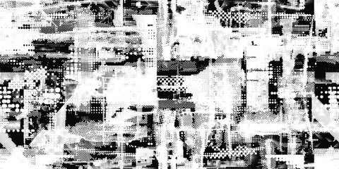 Naklejka na ściany i meble Glitch distorted grungy abstract forms . Halftone dots seamless pattern texture. Grange shapes .Grunge textured . Vector shapes with half tone dots .Screen print endless pattern texture