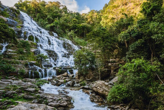 Mountain waterfall river stream view. Mountain forest waterfall landscape Mae Ya Waterfall, Chiang Mai, Thailand.