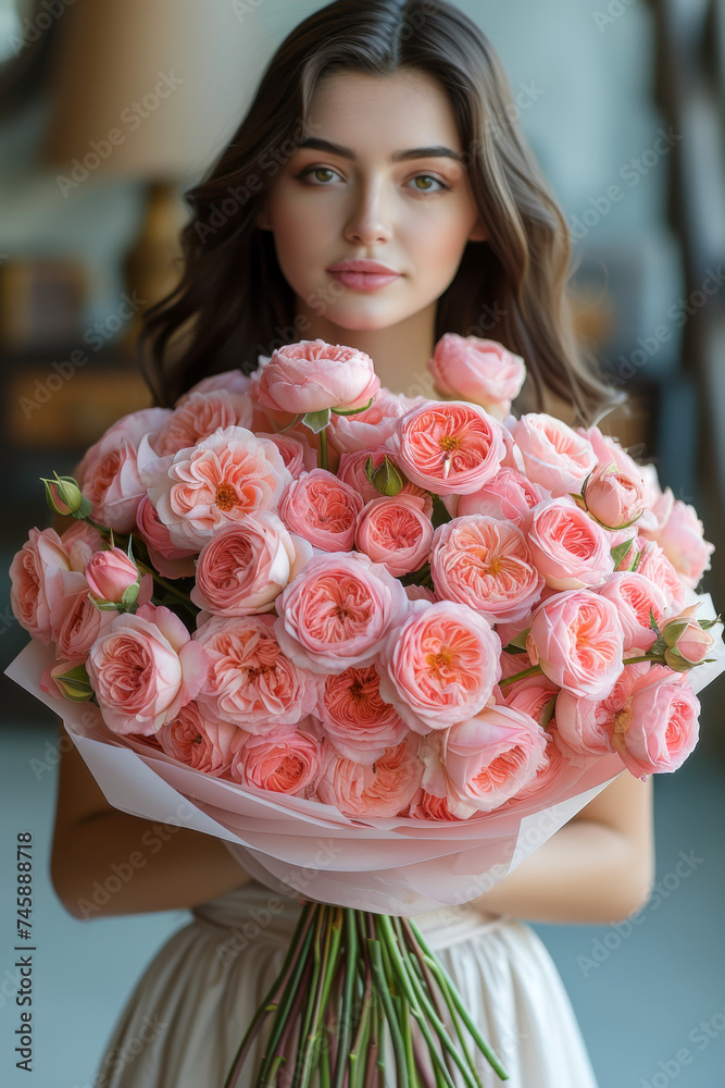 Poster a large round bouquet of closed spray roses in the shape of a peony, the bouquet is wrapped in pink paper, held by a young woman in a dress