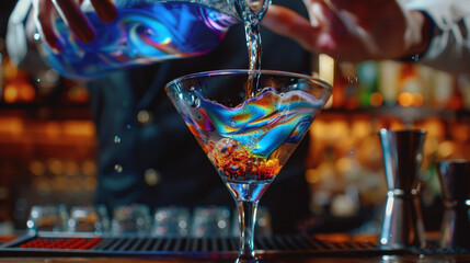 Close-up of bartender's hands pouring vodka cosmopolitan into a martini glass, capturing the vibrant colors and swirling motion of the cocktail. - obrazy, fototapety, plakaty
