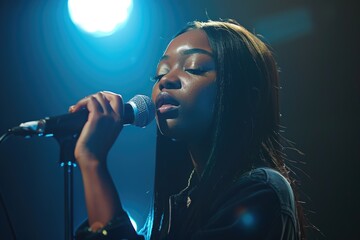 African American female singer with closed eyes under spotlight, conveying deep emotion during a performance - obrazy, fototapety, plakaty