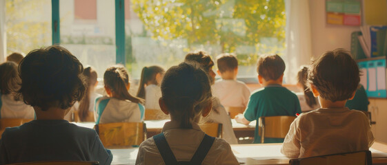 Sunlit classroom with students attentively facing forward. - obrazy, fototapety, plakaty