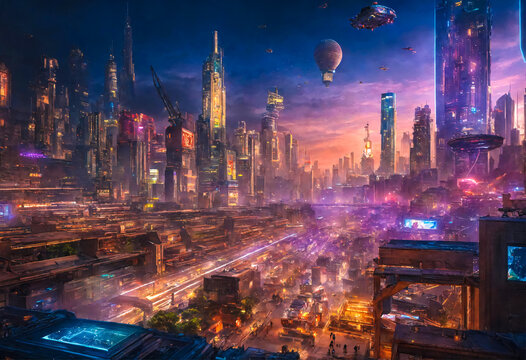 Peaceful high-tech futuristic evening city controlled by artificial intelligence.