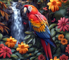 Obraz premium Scarlet macaw, amazon jungle plants and flowers, object 3D, vibrant colors, seamless style, waterfall in background 