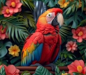 Obraz premium Scarlet macaw, amazon jungle plants and flowers, object 3D, vibrant colors, seamless style, waterfall in background 