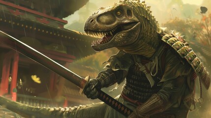 A saurian creature expertly wielding a katana as a dinosaur samurai would