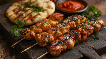 Grilled chicken skewers with fresh herbs and flatbread. Delicious chargrilled chicken skewers served with pita bread and a side of tomato sauce - obrazy, fototapety, plakaty