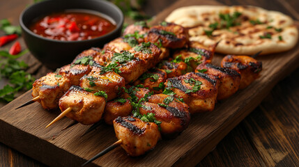 Grilled chicken skewers with fresh herbs and flatbread. Delicious chargrilled chicken skewers served with pita bread and a side of tomato sauce