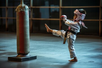 child in karate gear kicking a small punching bag