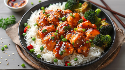 Asian food: General Tso's chicken with rice. Homemade Spicy Szechuan Chicken with Peppers and Rice