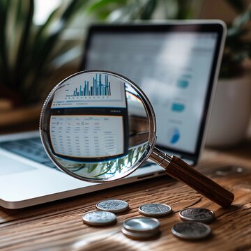 Macro view of financial charts through a magnifying glass, emphasizing analysis and attention to detail