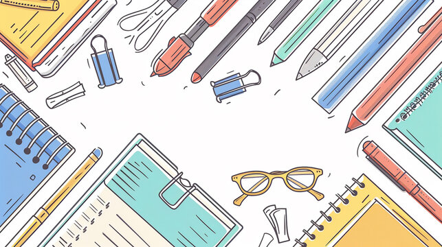Office supplies including pens, notebooks, and folders depicted in a clean and organized line art composition.