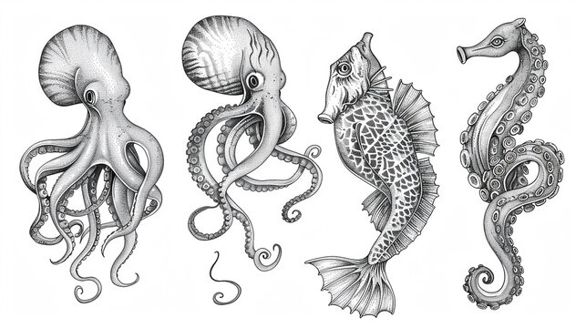 Sea creatures like fish, octopuses, and seahorses depicted in a graceful and intricate line art style.