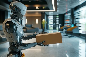 android courier , robot handing over parcel in lobby - obrazy, fototapety, plakaty