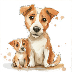 Watercolor cartoon illustration of a dog and her baby, isolated on a white background