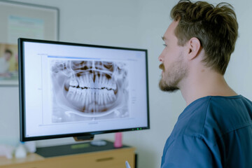 Fototapeta na wymiar dentist explaining a 3d tooth scan on a monitor 