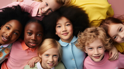 Diverse group of small children from various ethnicities looking into the camera, wearing colorful clothes against a vibrant wall backdrop