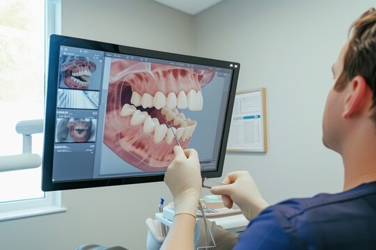  dentist explaining a 3d tooth scan on a monitor 