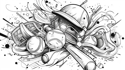 Sports equipment like balls, bats, and helmets illustrated in a dynamic and energetic line art composition.
