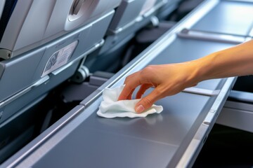 Cleaning the tray table on an airplane during a routine maintenance check before the next flight taking off from an airport