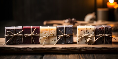 Displaying handmade soaps on a weathered wooden surface in natural lighting. Concept Handmade Soaps, Wooden Surface, Natural Lighting - obrazy, fototapety, plakaty