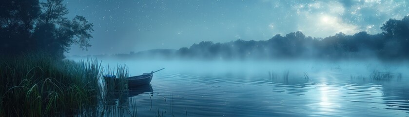 Boat Moored Along the Riverbank: Experience the Tranquil Serenity of Nature as the Sun Sets and the River Calmly Reflects the Vibrant Colors of the Twilight Sky - obrazy, fototapety, plakaty