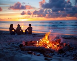 Group of people gathers around a crackling campfire on the sandy shore of a beautiful beach. It's a summer evening, and the sun is setting
