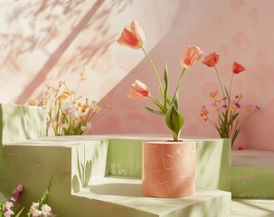 Elegant tulips in sunlight with marble pedestals creating a tranquil and luxurious spring display