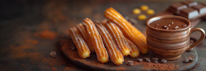 Delicious churros with sea salt on a rustic plate with hot chocolate, served with cinnamon and coffee beans
