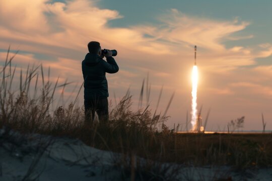 Individual capturing a stunning rocket launch against a colorful sky at dusk near a sandy shore