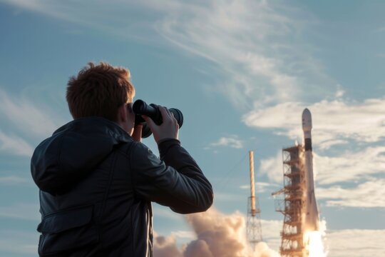 Rocket launch witnessed by an observer with binoculars at a launch site during sunset with a beautiful sky backdrop and visible smoke trail