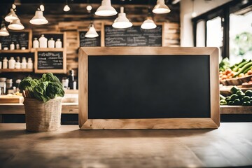 large blank blackboard menu on wooden counter inside a coffee shop or organice grocery store - obrazy, fototapety, plakaty