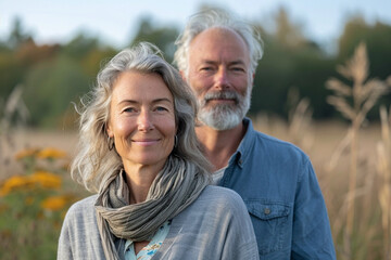 Middle-aged woman, cheerful headshot, strolls with husband, embracing nature—active, beautiful seniors in love, enjoying sunny day's bliss.