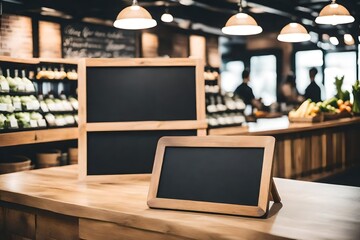 blank blackboard menu on wooden counter inside a coffee shop or organice grocery store - obrazy, fototapety, plakaty